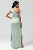 One Shoulder Matcha Bridesmaid Dress with Ruffles