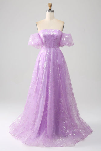 Lilac A Line Strapless Sparkly Sequin Long Formal Dress