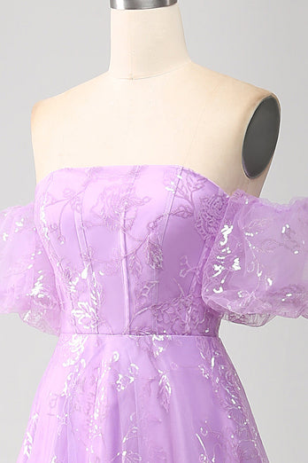 Lilac A Line Strapless Sparkly Sequin Long Formal Dress