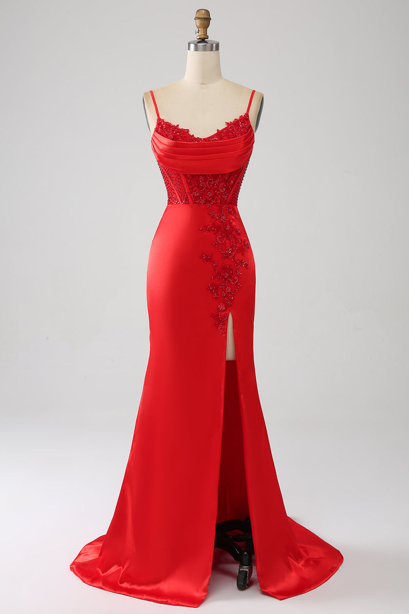 Load image into Gallery viewer, Satin Mermaid Beaded Red Formal Dress with Slit