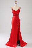 Satin Mermaid Beaded Red Formal Dress with Slit