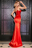 Stunning Mermaid Spaghetti Straps Red Corset Formal Dress with Beading Slit