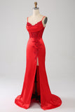 Satin Mermaid Beaded Red Formal Dress with Slit