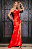 Stunning Mermaid Spaghetti Straps Red Corset Formal Dress with Beading Slit