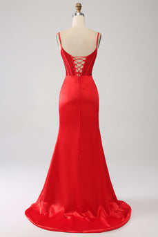 Satin Mermaid Beaded Red Formal Dress with Slit