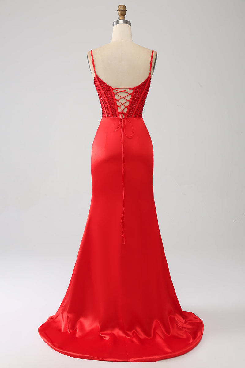 Load image into Gallery viewer, Satin Mermaid Beaded Red Formal Dress with Slit