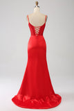 Satin Mermaid Beaded Red Formal Dress with Slit