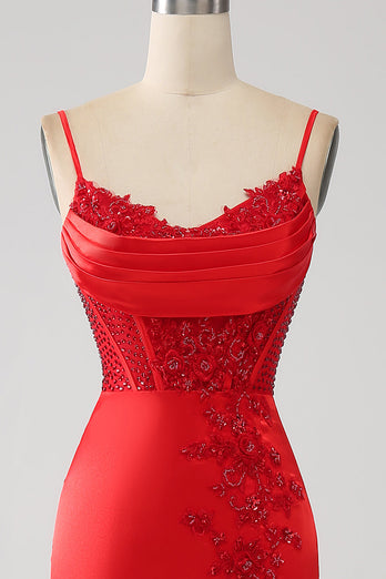 Satin Mermaid Beaded Red Formal Dress with Slit