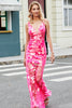 Load image into Gallery viewer, Sparkly Mermaid Deep V Neck Fuchsia Sequins Long Formal Dress with Appliques