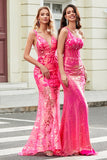 Sparkly Mermaid Deep V Neck Fuchsia Sequins Long Formal Dress with Appliques