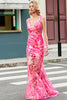 Load image into Gallery viewer, Sparkly Mermaid Deep V Neck Fuchsia Sequins Long Formal Dress with Appliques