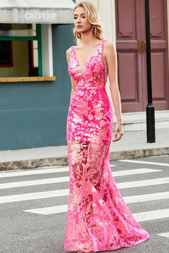 Sparkly Mermaid Deep V Neck Fuchsia Sequins Long Formal Dress with Appliques