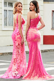 Sparkly Mermaid Deep V Neck Fuchsia Sequins Long Formal Dress with Appliques