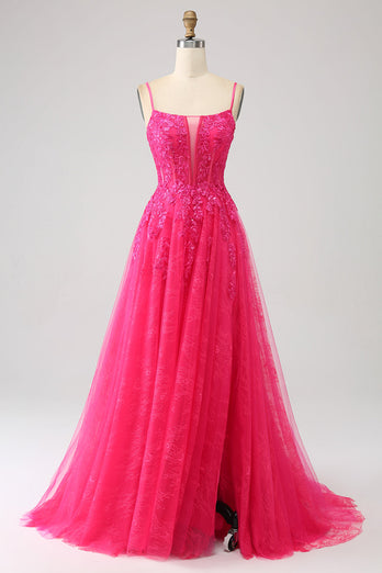 Fuchsia A-Line Corset Lace Long Formal Dress with Slit