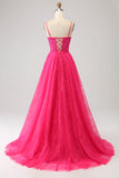 Fuchsia A-Line Corset Lace Long Formal Dress with Slit