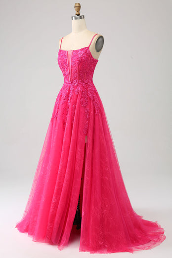 Fuchsia A-Line Corset Lace Long Formal Dress with Slit