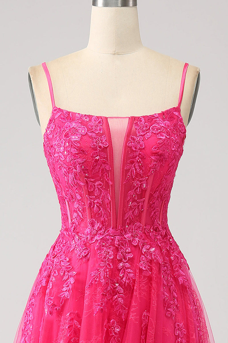 Load image into Gallery viewer, Fuchsia A-Line Corset Lace Long Formal Dress with Slit