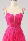 Fuchsia A-Line Corset Lace Long Formal Dress with Slit