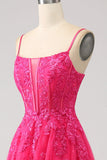 Fuchsia A-Line Corset Lace Long Formal Dress with Slit