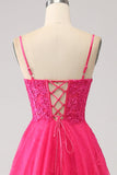 Fuchsia A-Line Corset Lace Long Formal Dress with Slit