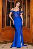 Trendy Mermaid Off the Shoulder Royal Blue Corset Formal Dress with Appliques