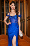 Trendy Mermaid Off the Shoulder Royal Blue Corset Formal Dress with Appliques