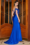 Trendy Mermaid Off the Shoulder Royal Blue Corset Formal Dress with Appliques