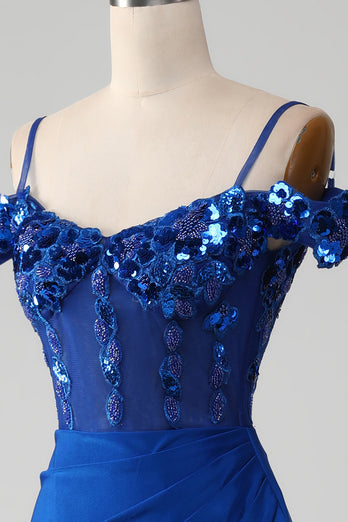 Beaded Royal Blue Corset Formal Dress with Slit