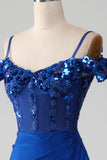 Beaded Royal Blue Corset Formal Dress with Slit