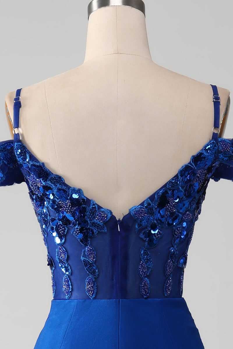 Load image into Gallery viewer, Beaded Royal Blue Corset Formal Dress with Slit