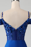 Beaded Royal Blue Corset Formal Dress with Slit