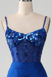 Beaded Royal Blue Corset Formal Dress with Slit