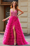 Gorgeous A Line Spaghetti Straps Fuchsia Long Formal Dress with Appliques Ruffles