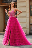 Gorgeous A Line Spaghetti Straps Fuchsia Long Formal Dress with Appliques Ruffles