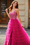 Gorgeous A Line Spaghetti Straps Fuchsia Long Formal Dress with Appliques Ruffles