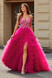 Gorgeous A Line Spaghetti Straps Fuchsia Long Formal Dress with Appliques Ruffles