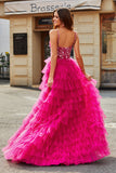 Gorgeous A Line Spaghetti Straps Fuchsia Long Formal Dress with Appliques Ruffles