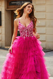 Gorgeous A Line Spaghetti Straps Fuchsia Long Formal Dress with Appliques Ruffles