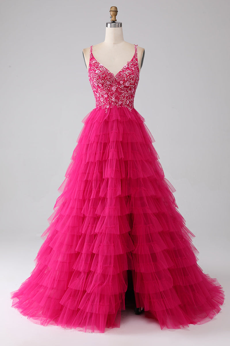 Load image into Gallery viewer, Fuchsia Princess A-Line Spaghetti Straps Sequin Tiered Long Formal Dress with Slit