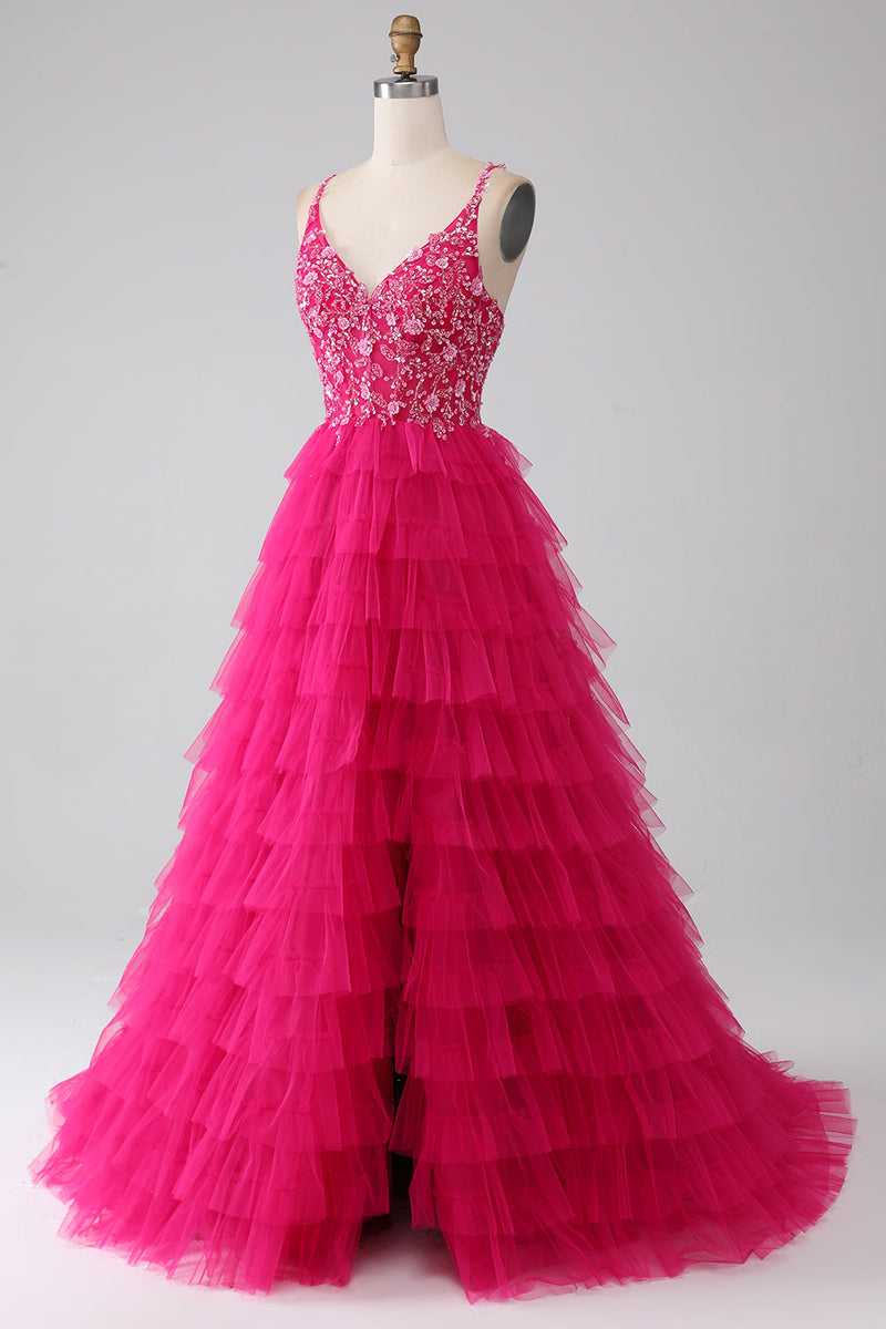 Load image into Gallery viewer, Fuchsia Princess A-Line Spaghetti Straps Sequin Tiered Long Formal Dress with Slit