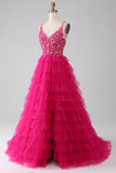 Fuchsia Princess A-Line Spaghetti Straps Sequin Tiered Long Formal Dress with Slit