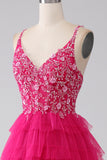 Fuchsia Princess A-Line Spaghetti Straps Sequin Tiered Long Formal Dress with Slit