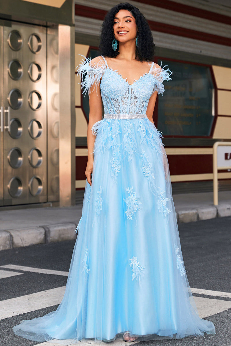 Load image into Gallery viewer, Gorgeous A Line Off the Shoulder Light Blue Corset Formal Dress with Feather