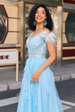 Gorgeous A Line Off the Shoulder Light Blue Corset Formal Dress with Feather