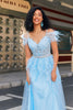 Load image into Gallery viewer, Gorgeous A Line Off the Shoulder Light Blue Corset Formal Dress with Feather