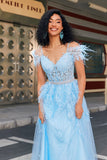 Gorgeous A Line Off the Shoulder Light Blue Corset Formal Dress with Feather