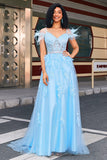 Gorgeous A Line Off the Shoulder Light Blue Corset Formal Dress with Feather