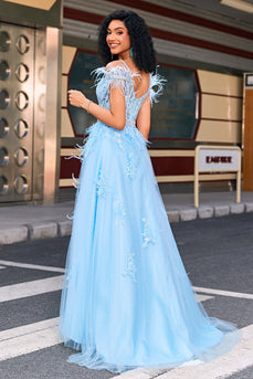 Gorgeous A Line Off the Shoulder Light Blue Corset Formal Dress with Feather