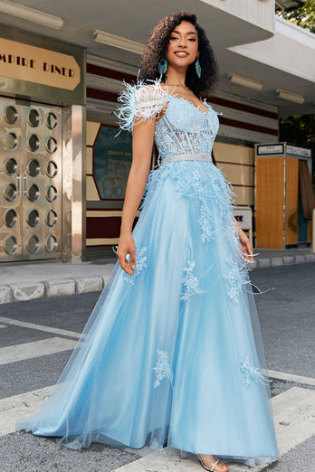 Gorgeous A Line Off the Shoulder Light Blue Corset Formal Dress with Feather