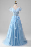 Light Blue A-Line Rhinestones Accents Corset Formal Dress With Appliques